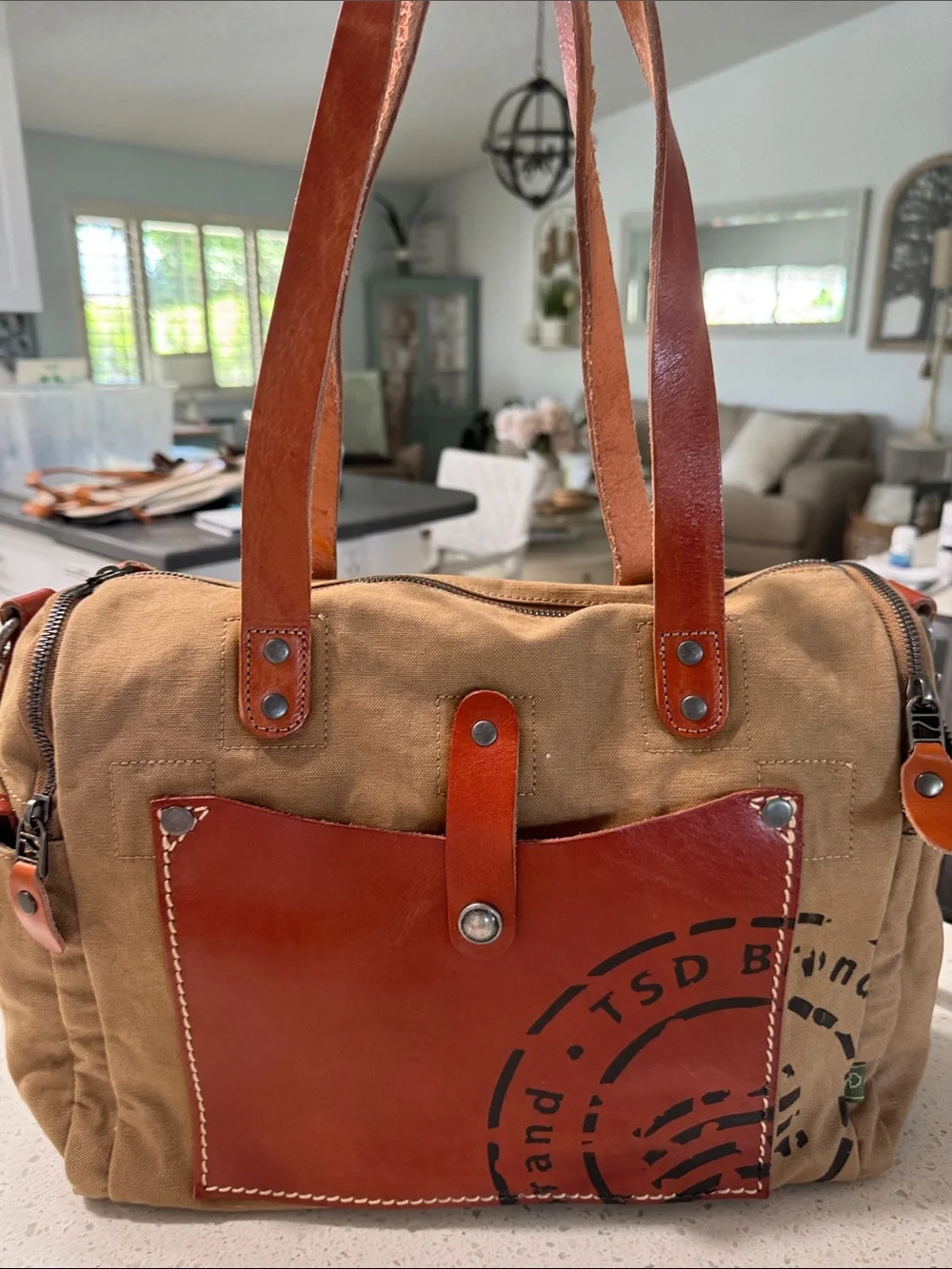 Canvas Messenger Bag with Chestnut Leather Pocket - Men's Casual Shoulder Bag